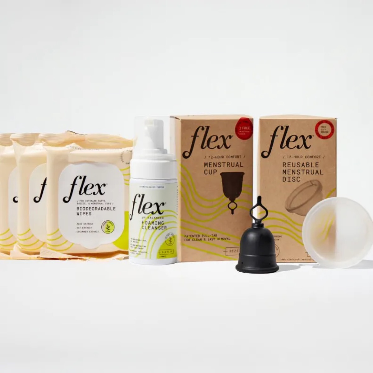 The Flex Company product family — menstrual cup, reusable disc, wipes, and foaming cleanser