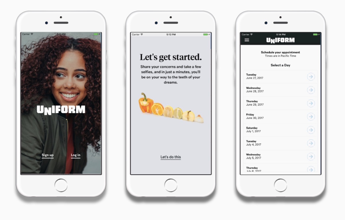 Uniform Teeth iPhone app — three screens of the clear-aligner companion app